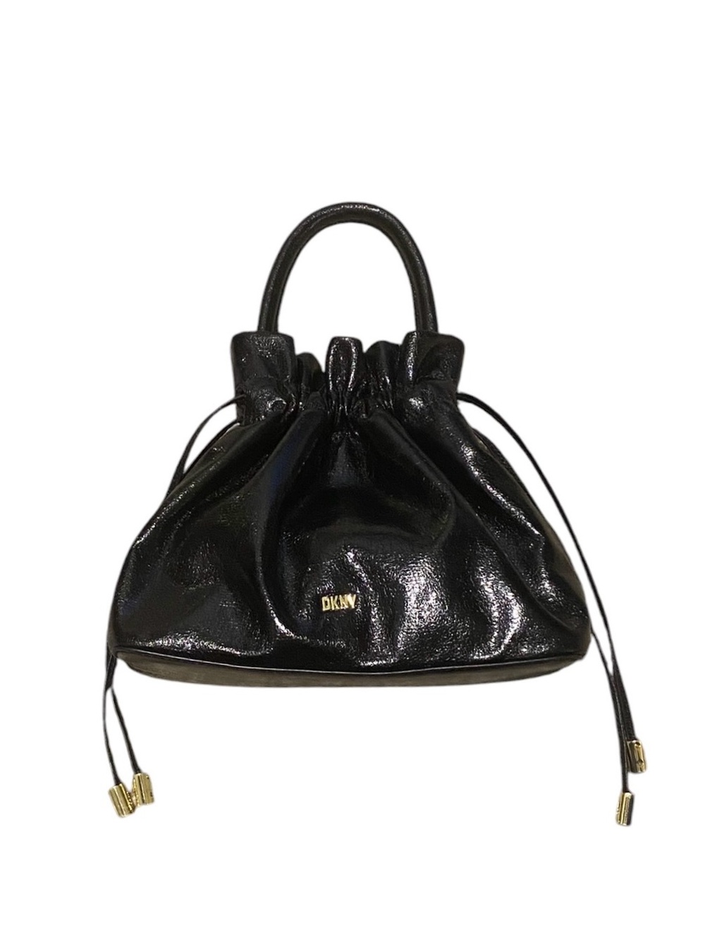 🖤 Small DKNY Black Patent Leather Drawstring Satchel with Gold Hardware